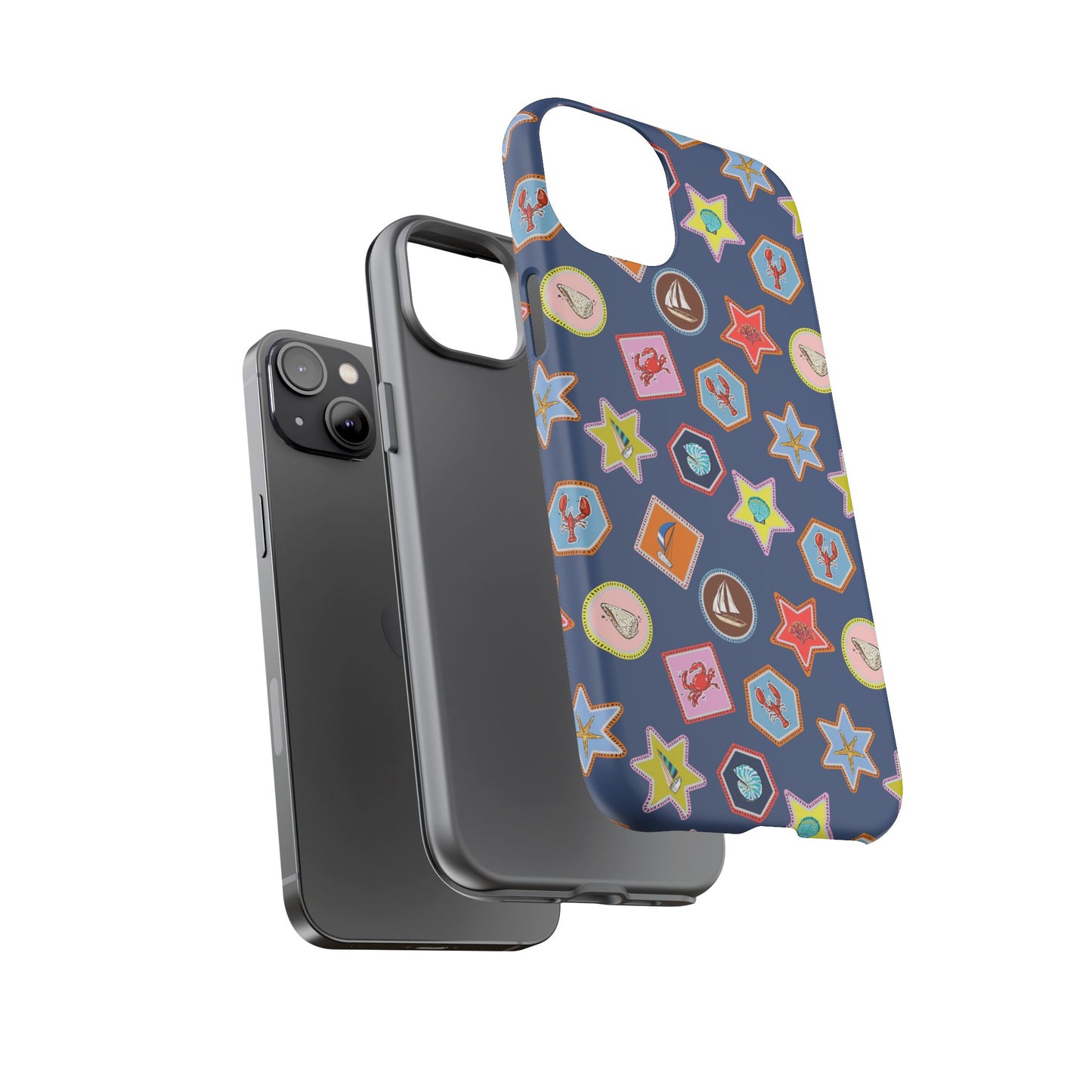 Lobsters Sailboats and Seashells on Navy Blue Phone Case