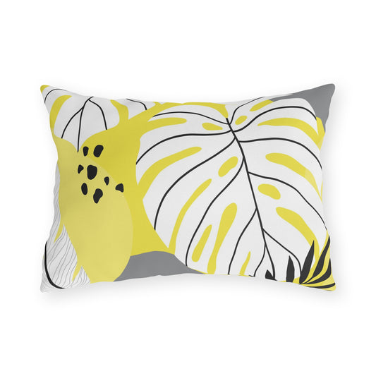 Yellow and White Palm Leaf Flora - Outdoor Throw Pillow