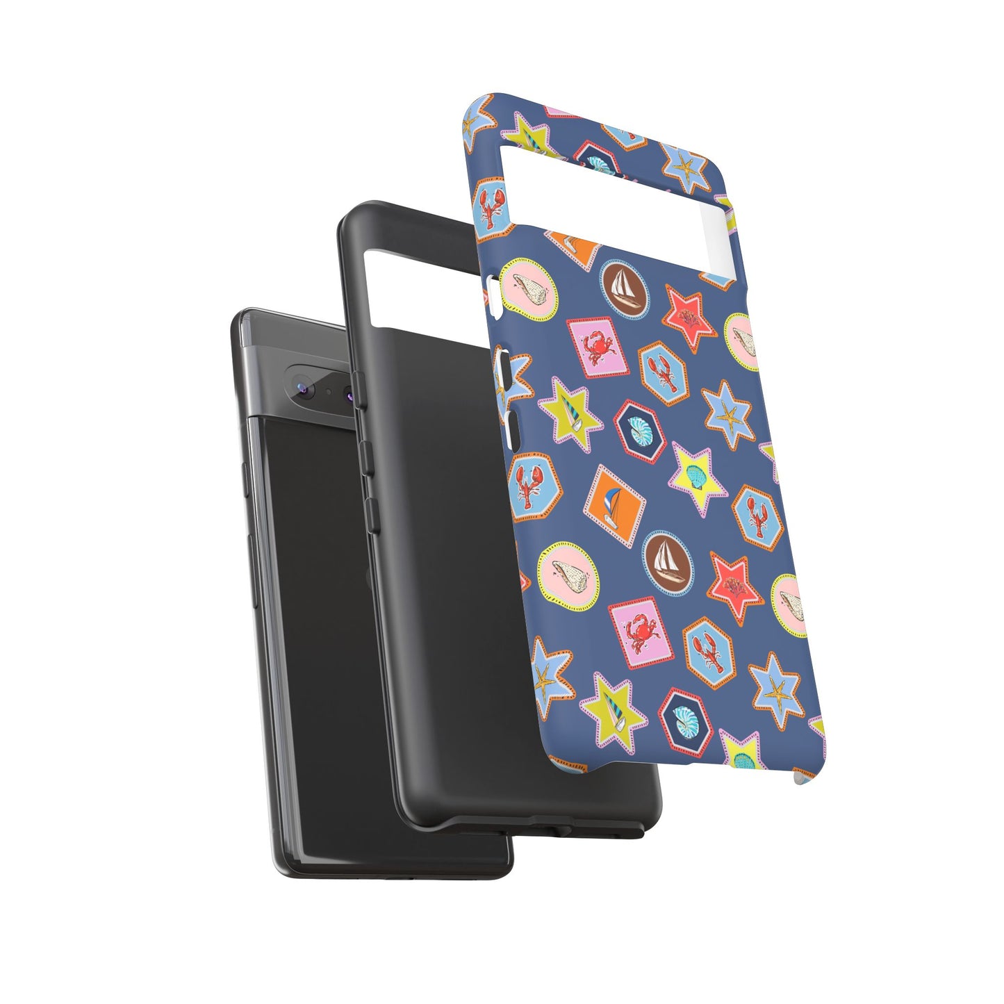 Lobsters Sailboats and Seashells on Navy Blue Phone Case