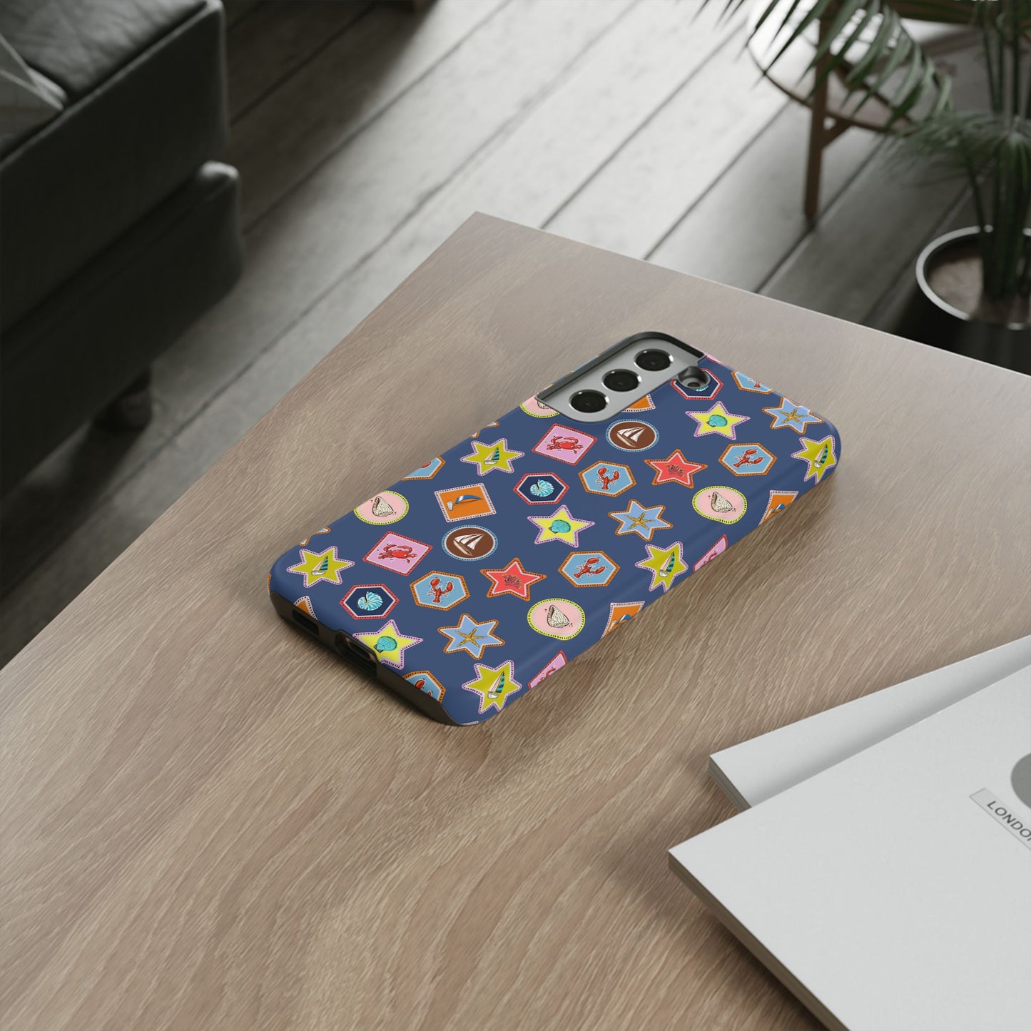Lobsters Sailboats and Seashells on Navy Blue Phone Case