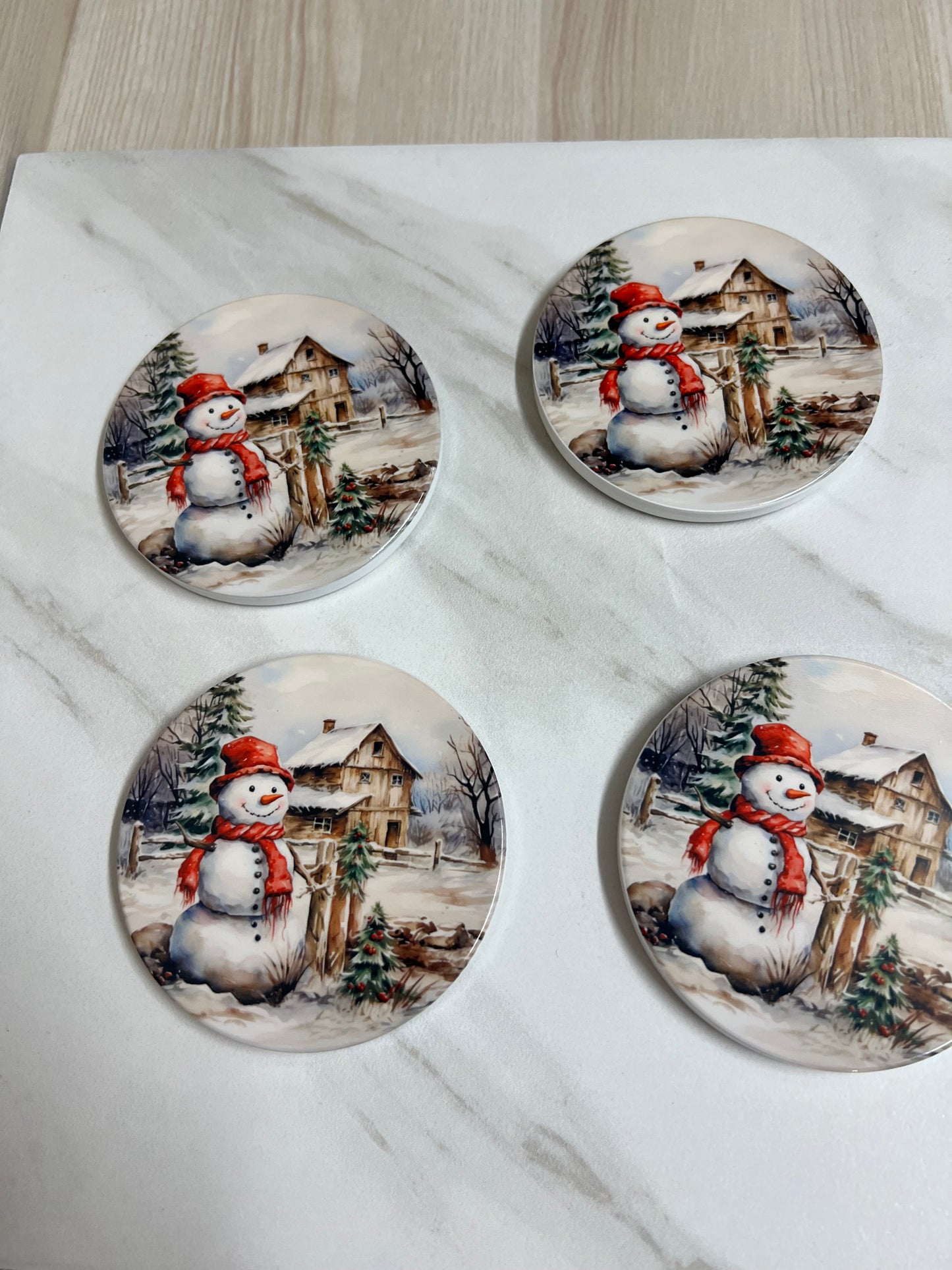 Christmas Snowman Coasters Set | 4” Ceramic Holiday Table Accents