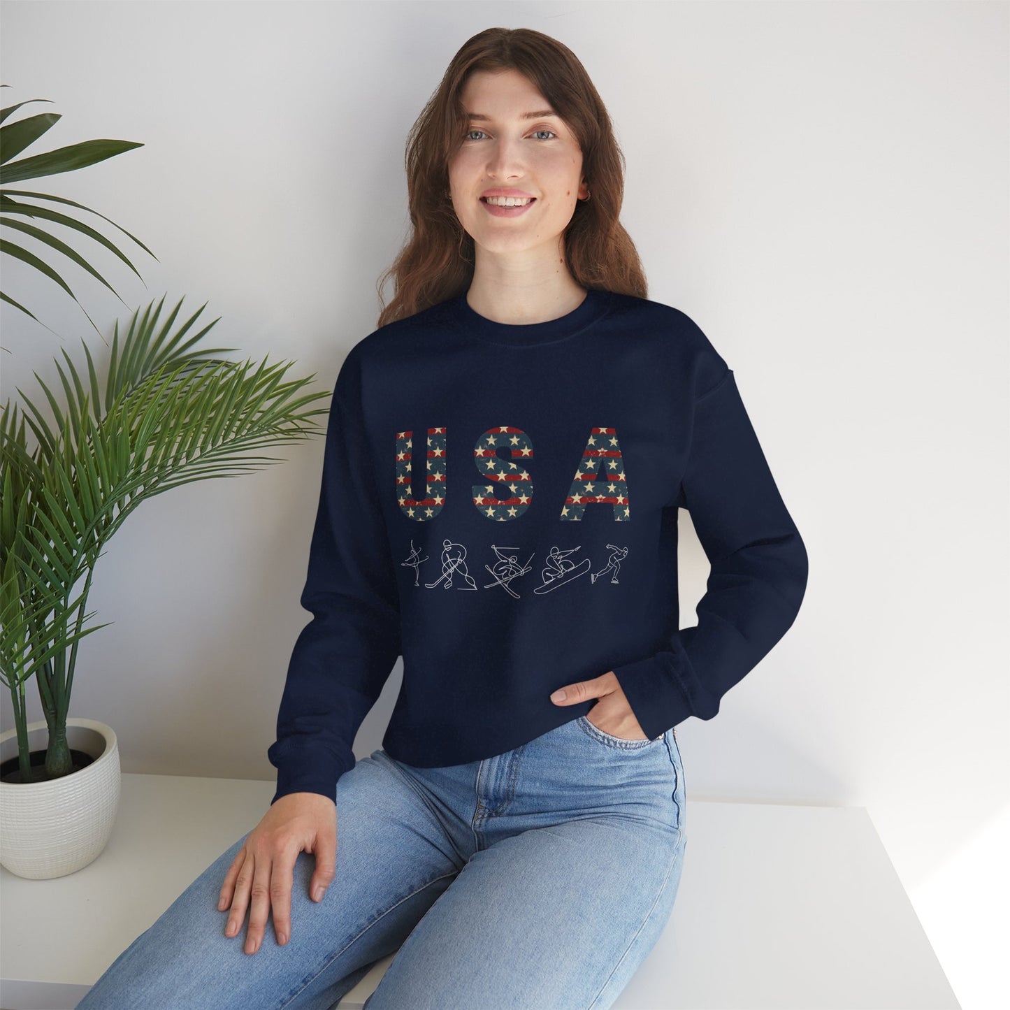Vintage USA Winter Sports Crewneck Sweatshirt – Navy Blue