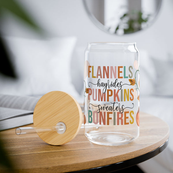 Fall Glass Can, Pumpkins 16oz Libbey Glass, Hayride Iced Coffee Cup, Fall Themed, Glass Tumbler Cup with Lid & Straw, Sweater Season