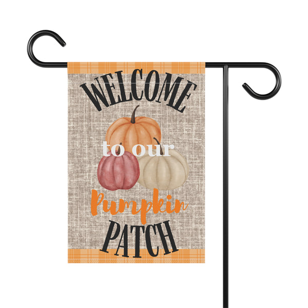 Welcome to Our Pumpkin Patch Garden Flag – 12”x18” Rustic Fall Yard Banner with Neutral Pumpkins and Plaid Trim