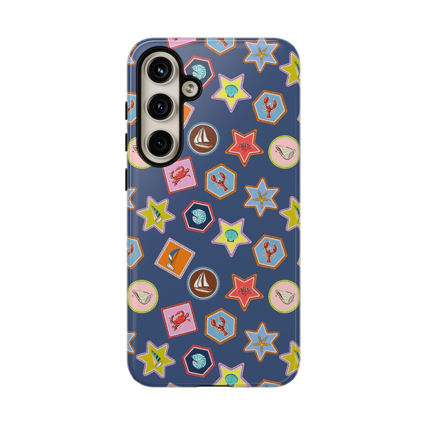 Lobsters Sailboats and Seashells on Navy Blue Phone Case