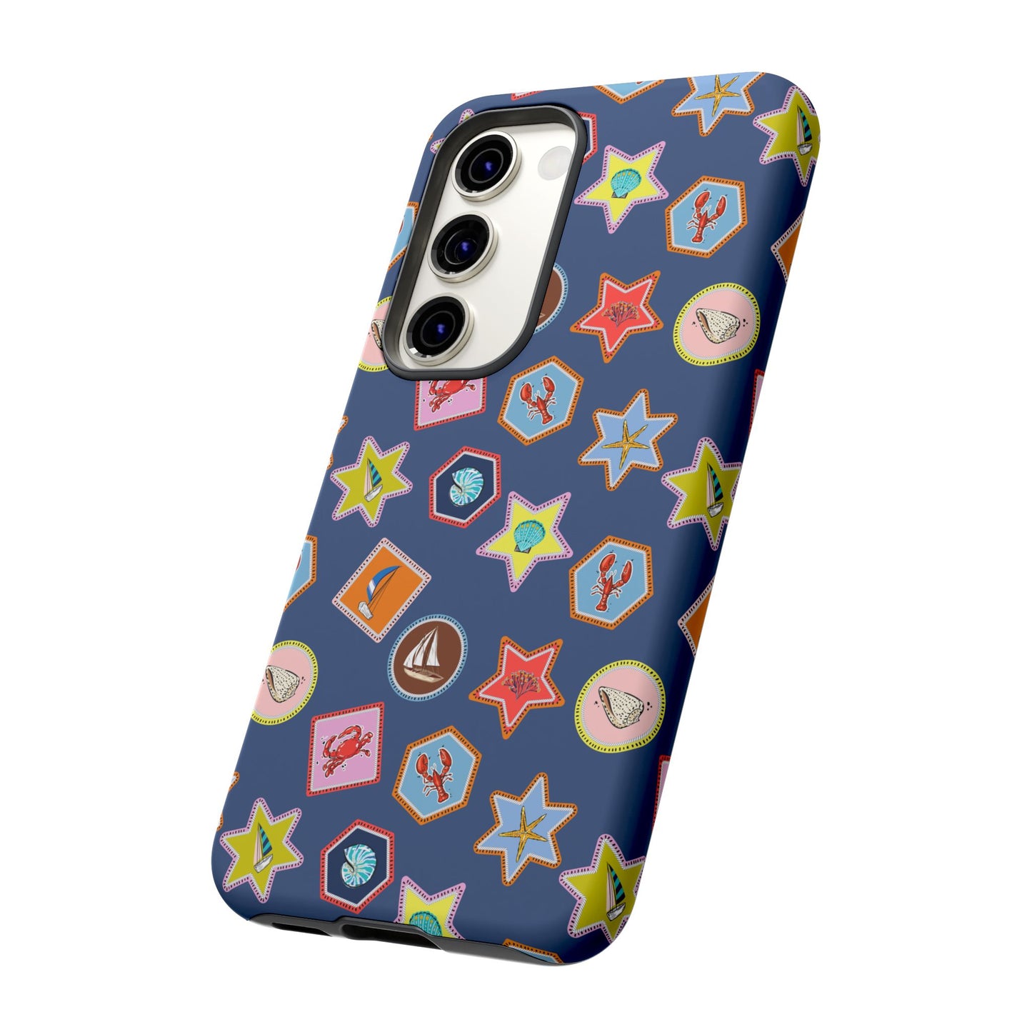 Lobsters Sailboats and Seashells on Navy Blue Phone Case