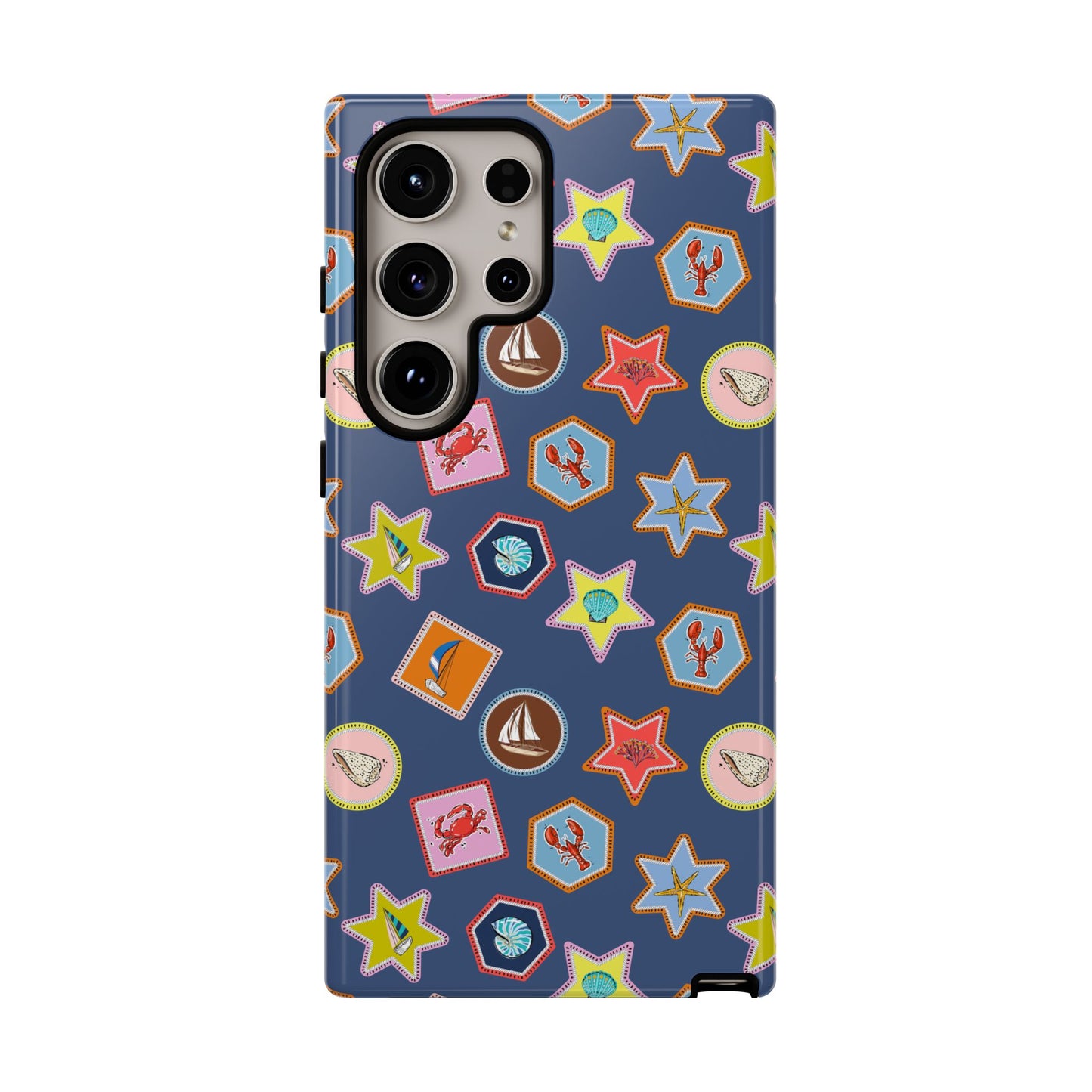 Lobsters Sailboats and Seashells on Navy Blue Phone Case