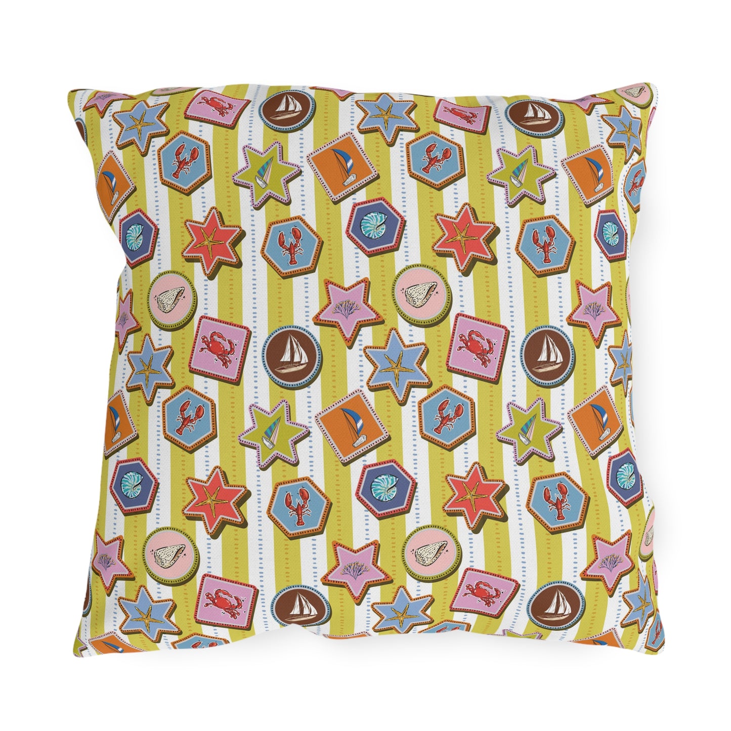 Coastal Nautical Outdoor Throw Pillow – Beach House Patio Cushion with Lobsters, Sailboats & Seashells