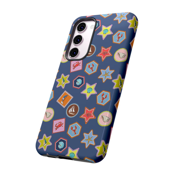 Lobsters Sailboats and Seashells on Navy Blue Phone Case