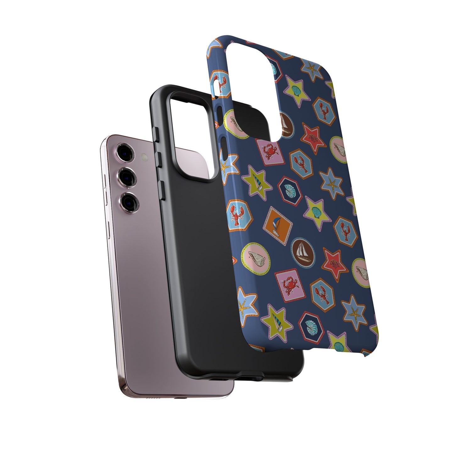 Lobsters Sailboats and Seashells on Navy Blue Phone Case