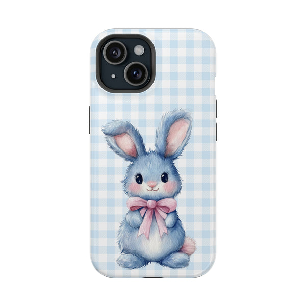 Cute Bunny on a Blue Plaid Background Magnetic Tough Cases