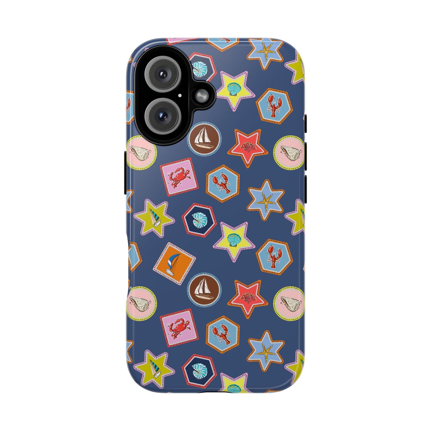 Lobsters Sailboats and Seashells on Navy Blue Phone Case
