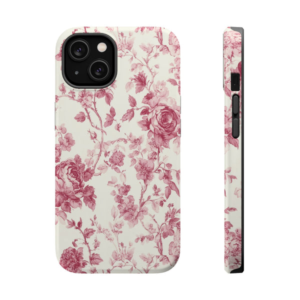 Pink Floral MagSafe iPhone Case, Toile de Jouy Design, Compatible with iPhone 13 to 16, Elegant Pink Flower Design, Slim Protective Case