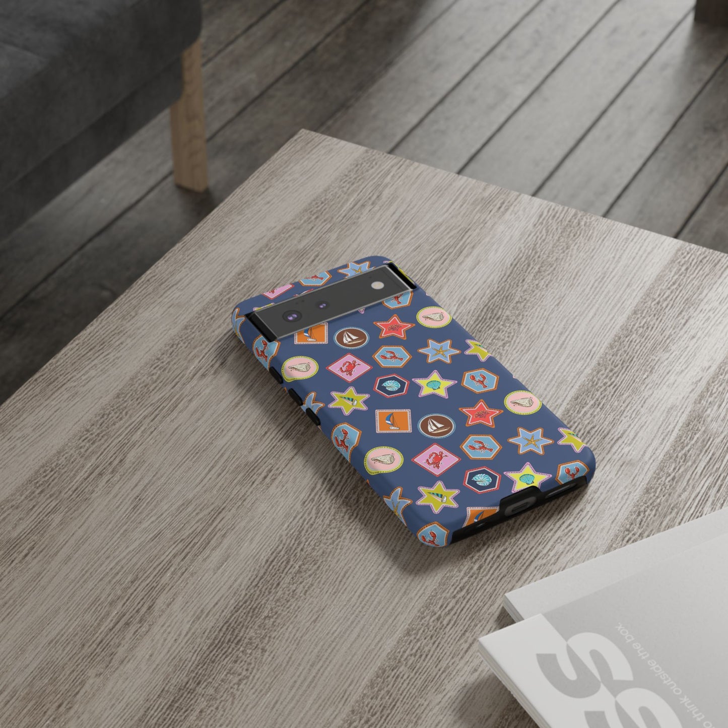 Lobsters Sailboats and Seashells on Navy Blue Phone Case