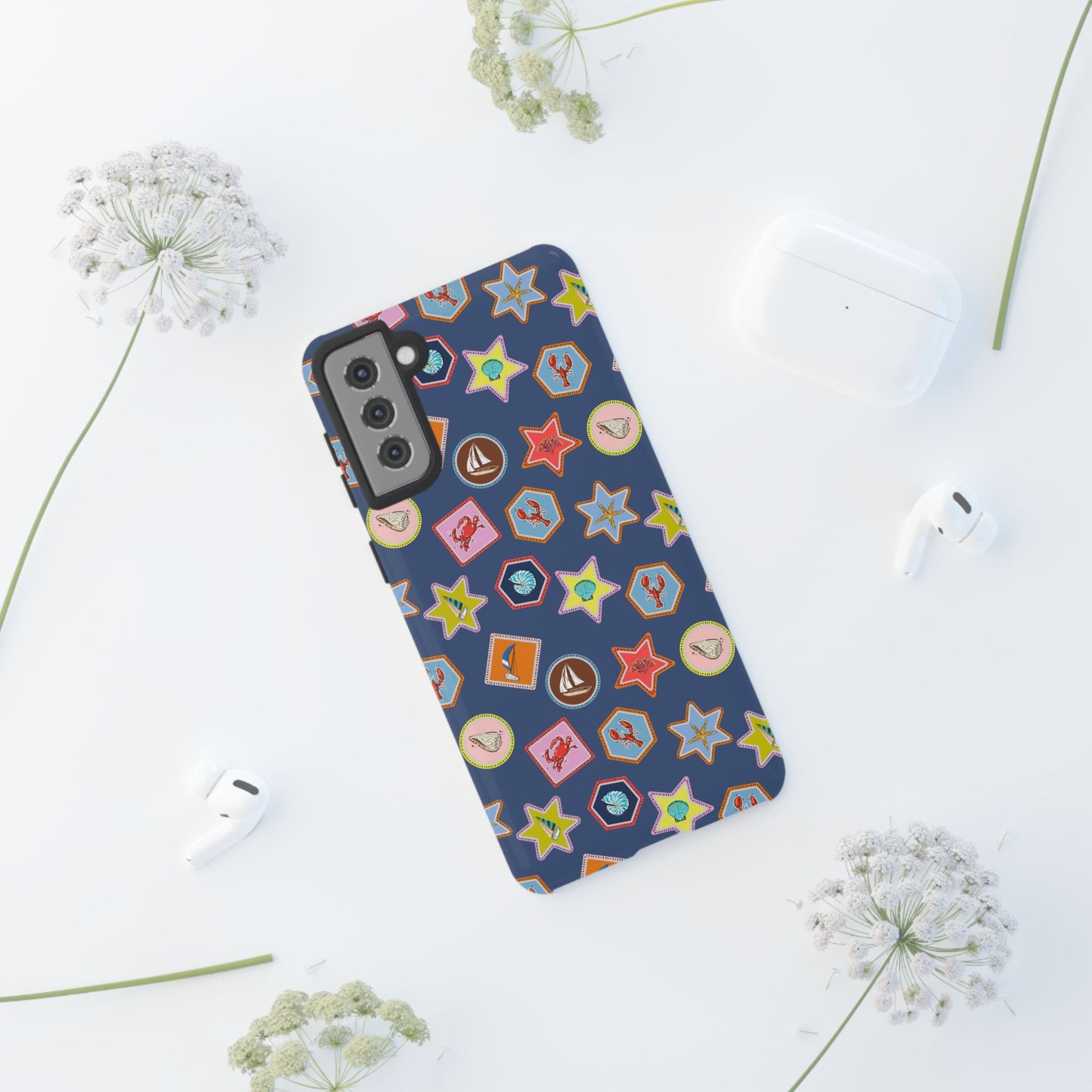 Lobsters Sailboats and Seashells on Navy Blue Phone Case