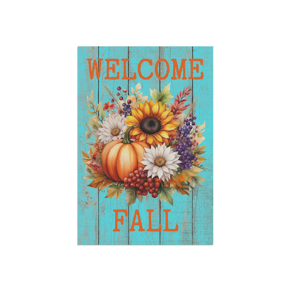 Welcome Fall Garden Flag – 12”x18” Pumpkin & Sunflower Yard Banner with Teal Wood Background