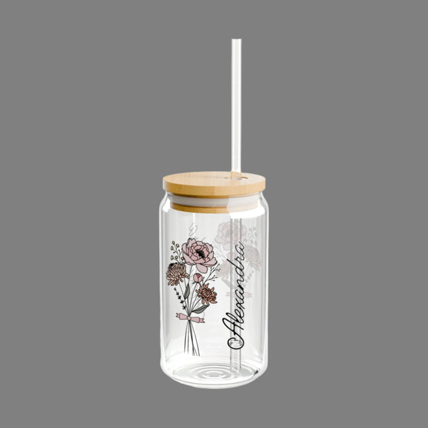 Personalized November Flower 16oz Can Glass - Stylish Sipper with Bamboo Lid and Straw