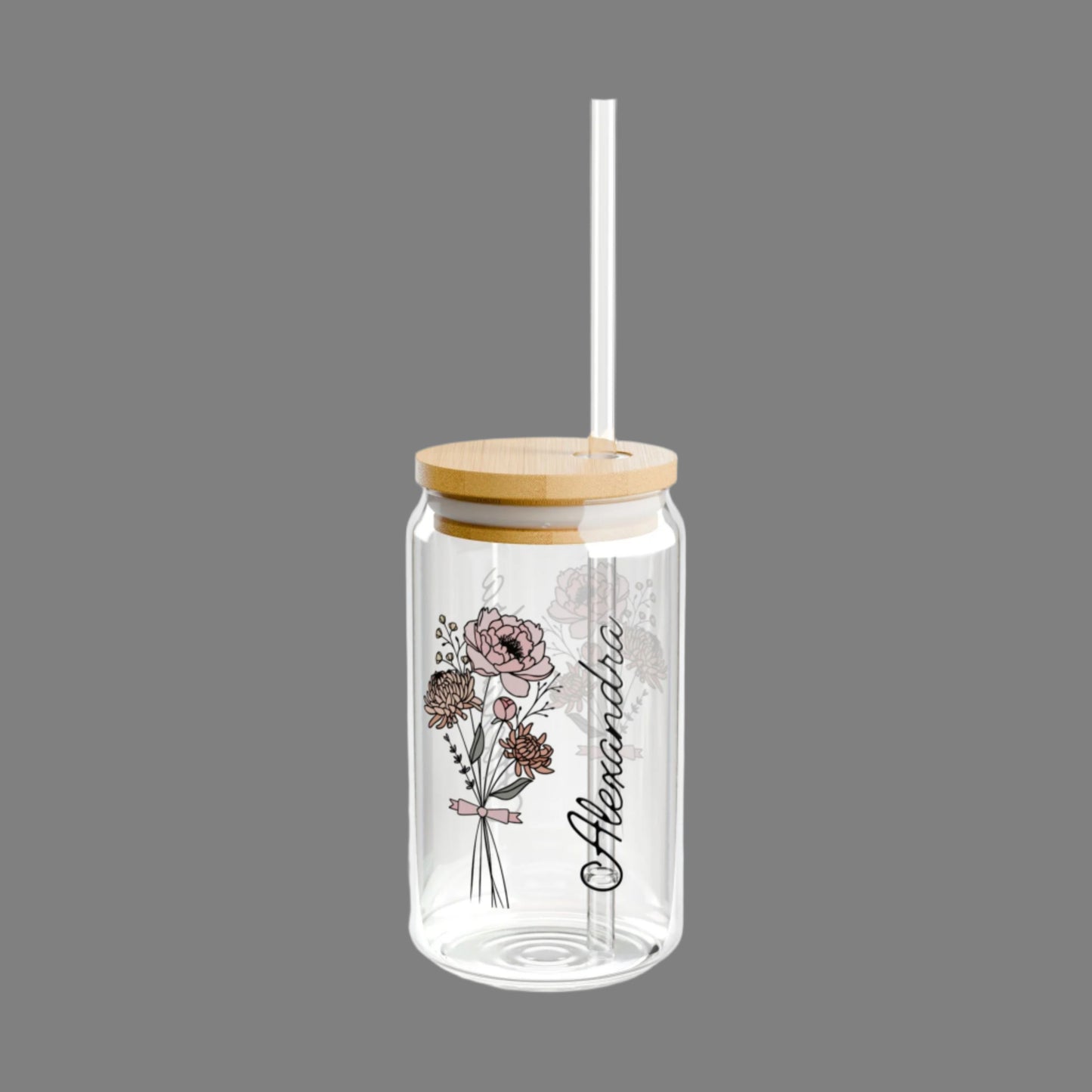 Personalized November Flower - 16oz Glass With Lid and Straw