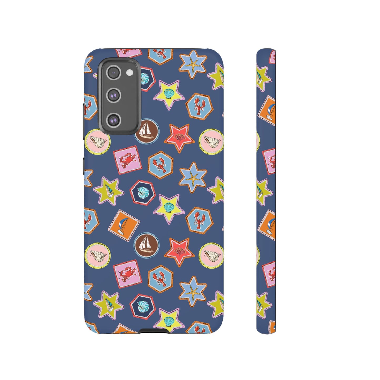 Lobsters Sailboats and Seashells on Navy Blue Phone Case