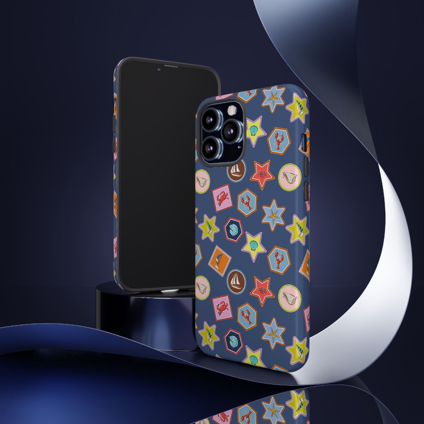 Lobsters Sailboats and Seashells on Navy Blue Phone Case