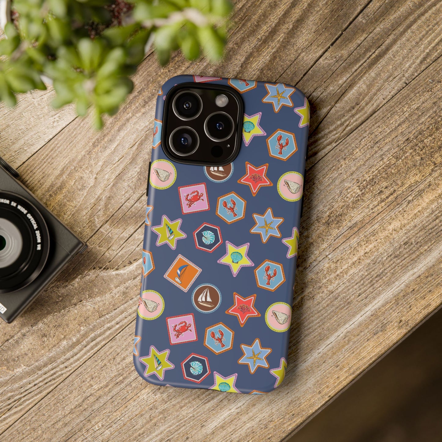 Lobsters Sailboats and Seashells on Navy Blue Phone Case