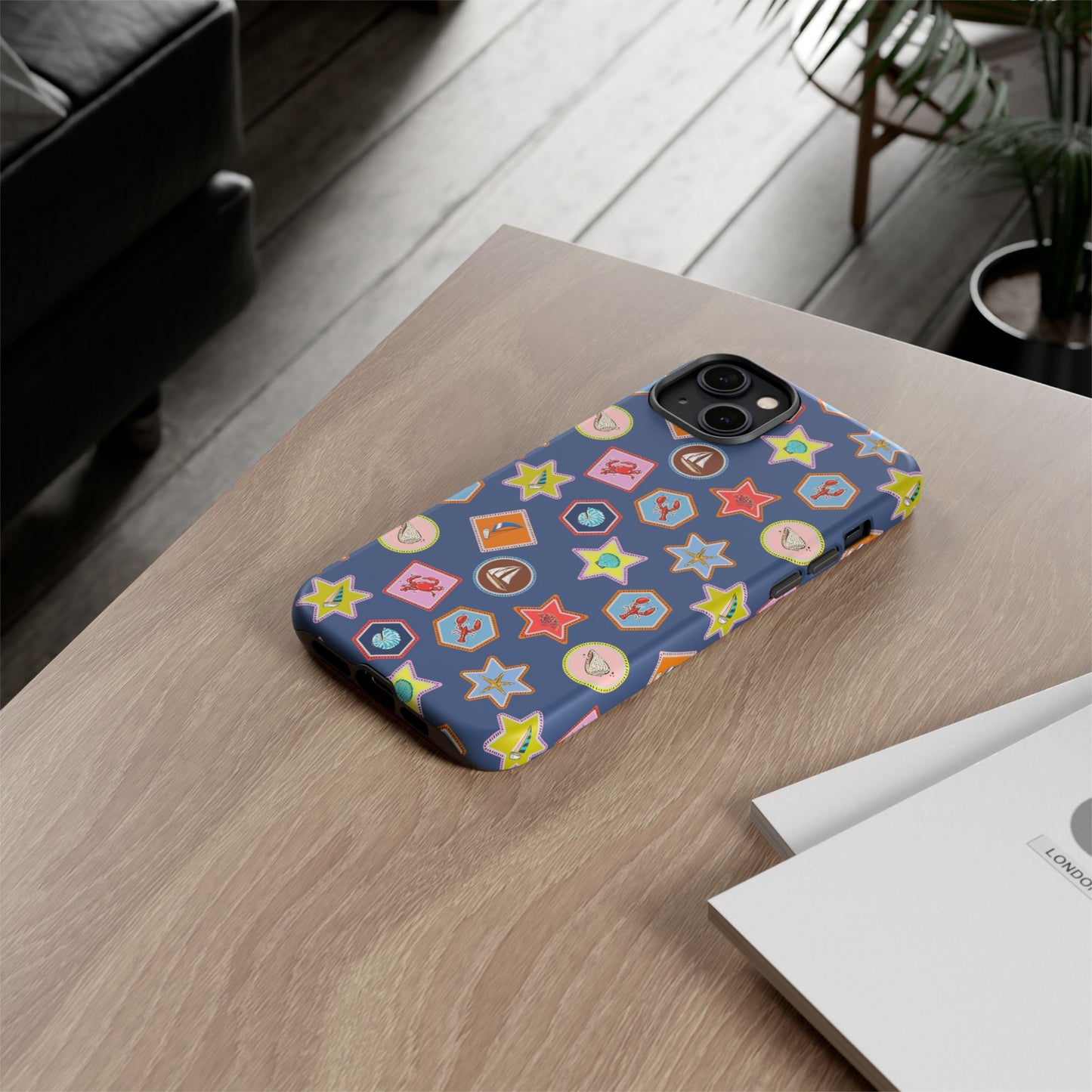 Lobsters Sailboats and Seashells on Navy Blue Phone Case