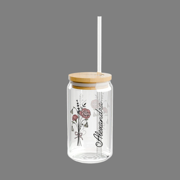 Personalized January Flower 16oz Can Glass - Stylish Sipper with Bamboo Lid and Straw