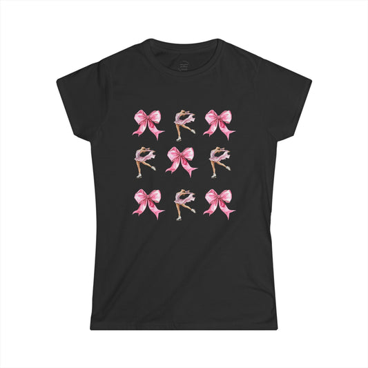 Black t-shirt with watercolor pink bows and figure skater illustration for coquette aesthetic.