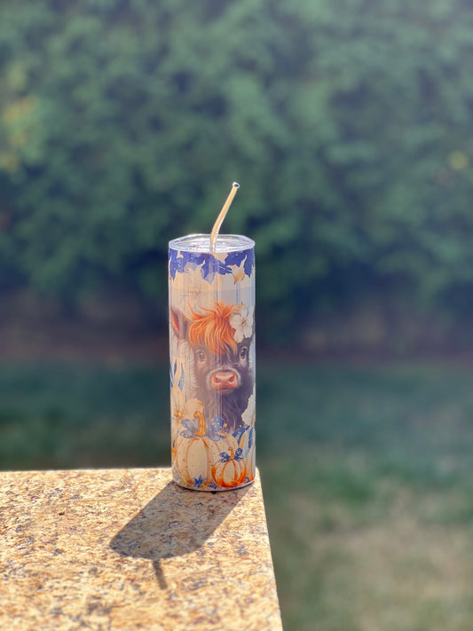 Highland Cow on Blue Flannel 20oz Skinny Tumbler
