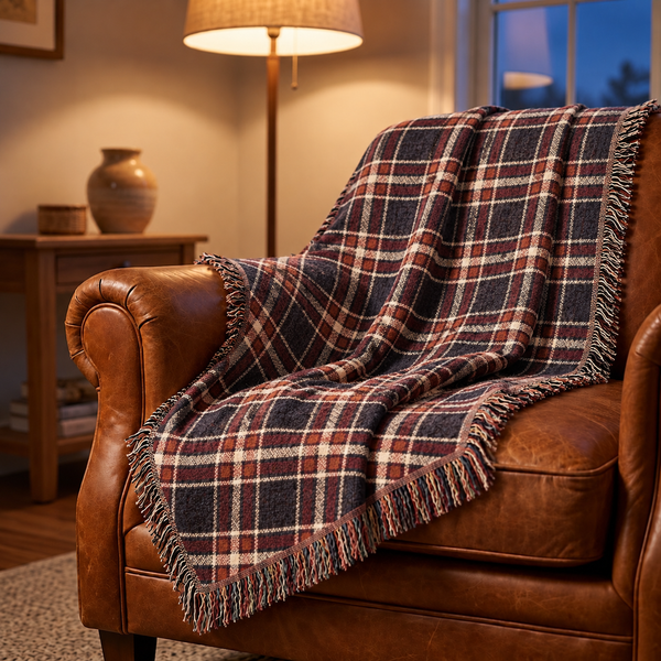 Cozy Navy & Burgundy Plaid Throw Blanket