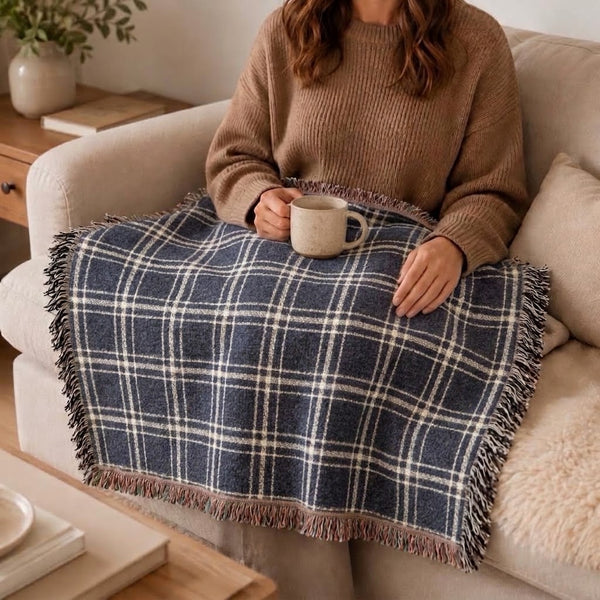 Cozy Blue and White Plaid - Woven Blanket