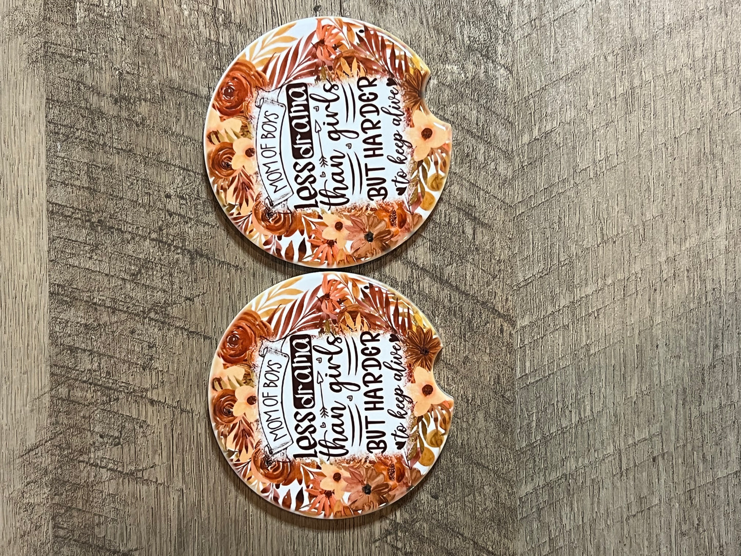 Funny Mom of Boys Ceramic Car Coaster Set – Absorbent Floral Auto Cup Holder Coasters (Set of 2)