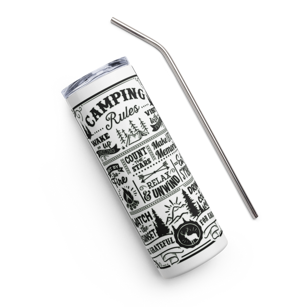 Tumbler with 'Camping Rules' design and metal straw on a white background