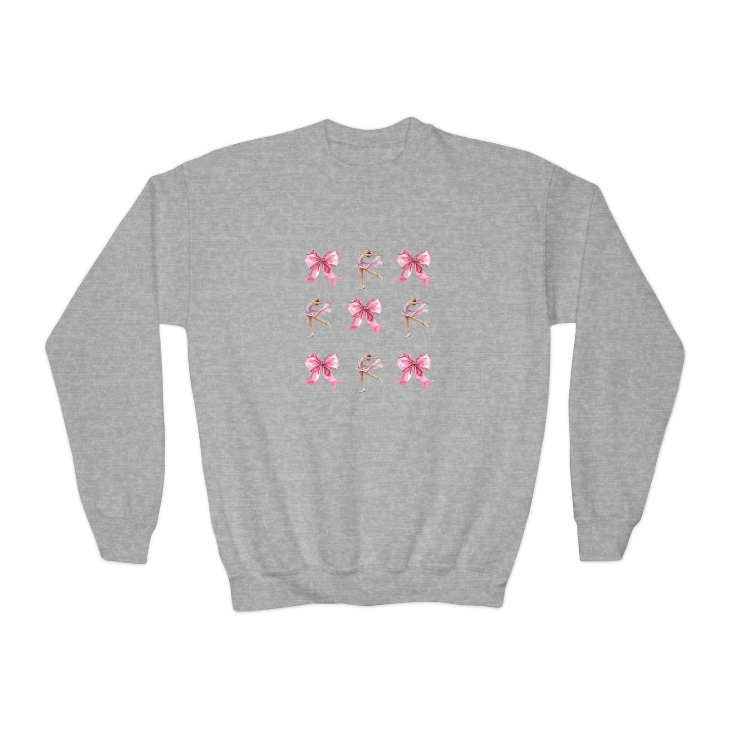 Youth Crewneck Sweatshirt — Pink Ballet Bow Grid Graphic for Girls, Cute Dance Crewneck
