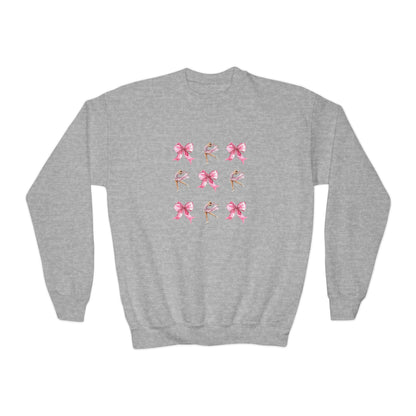 Youth Crewneck Sweatshirt — Pink Ballet Bow Grid Graphic for Girls, Cute Dance Crewneck