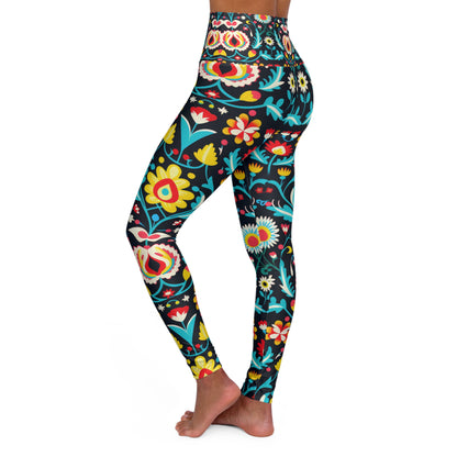 Midnight Folk Art High Waisted Leggings – Vibrant Boho Floral Print