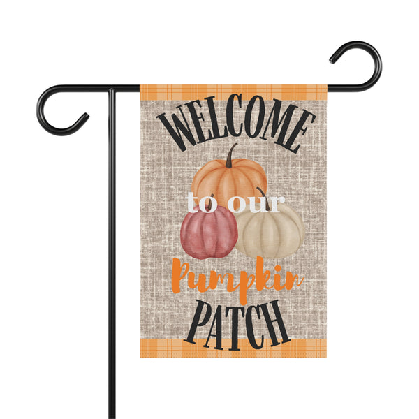 Welcome to Our Pumpkin Patch Garden Flag – 12”x18” Rustic Fall Yard Banner with Neutral Pumpkins and Plaid Trim