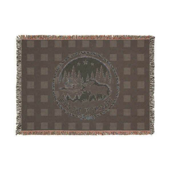 Welcome to the Cabin Woven Blanket | Moose, Log Cabin & Lake Buffalo Plaid Throw | Rustic Lodge Decor | Fall & Winter Gift