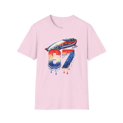 67 Bobsled Team USA T-Shirt - Patriotic Red White Blue Drip Graphic - Winter Sports Streetwear - Gildan Softstyle Men Women