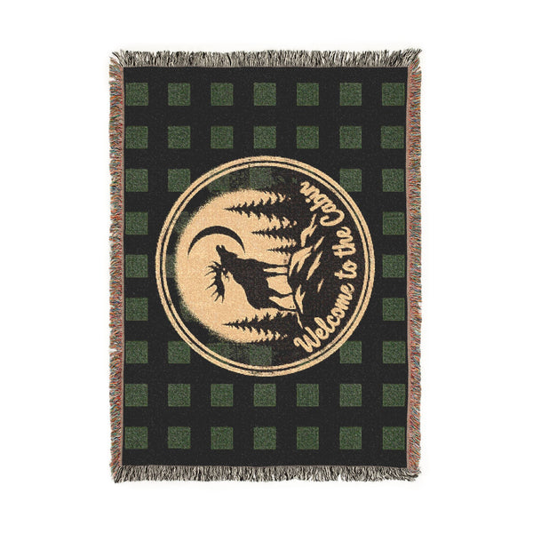 Welcome to the Cabin Woven Blanket | Moose & Pine Tree Buffalo Plaid Throw | Rustic Lodge Cabin Decor | Fall & Winter Gift