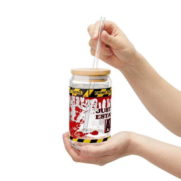 True Crime Lover, 16oz Glass, Alibi Iced Can Glass, Crime Lover Cup, Glass Jar with Lid and Straw, 16oz Glass Cup, Libbey Cup