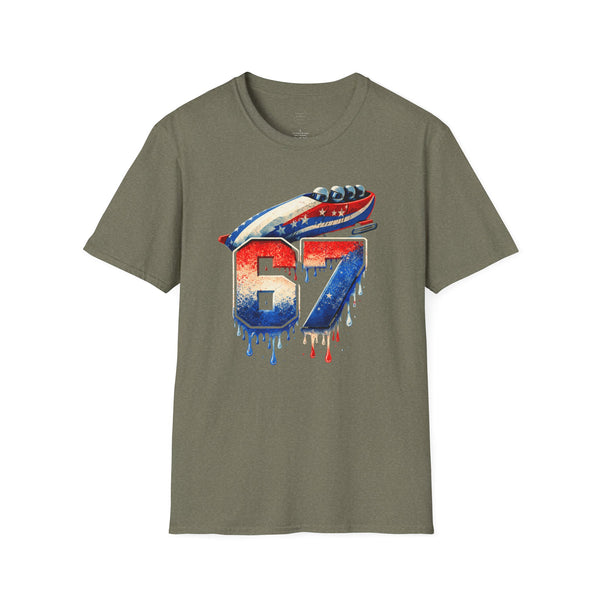 67 Bobsled Team USA T-Shirt - Patriotic Red White Blue Drip Graphic - Winter Sports Streetwear - Gildan Softstyle Men Women