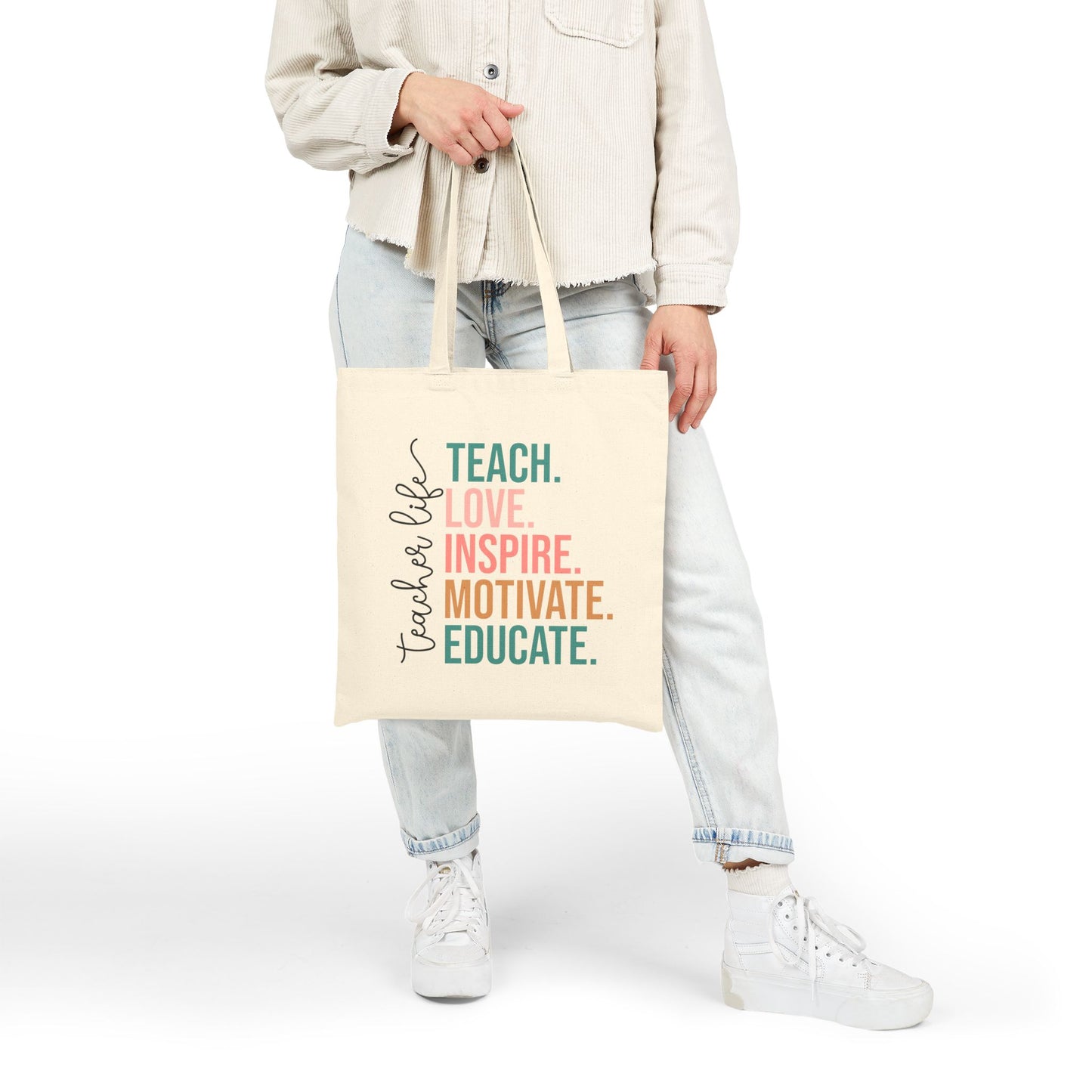 Teacher Life Cotton Canvas Tote Bag | Inspirational Gift for Educators | Eco-Friendly, Reusable, School Supply, Classroom Accessory
