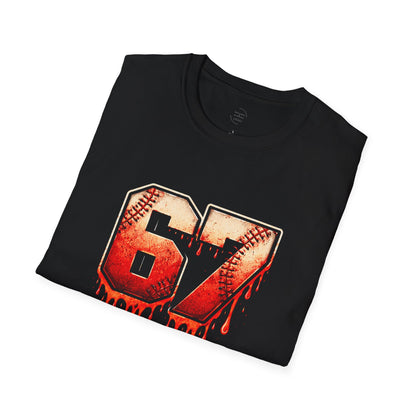 67 Baseball Drip T-Shirt - Vintage Distressed Sports Jersey Style - Grunge Streetwear Graphic Tee for Men & Women