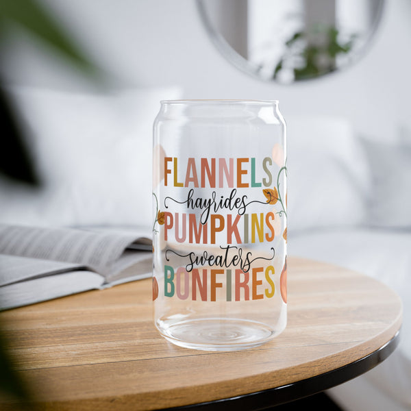 Fall Glass Can, Pumpkins 16oz Libbey Glass, Hayride Iced Coffee Cup, Fall Themed, Glass Tumbler Cup with Lid & Straw, Sweater Season
