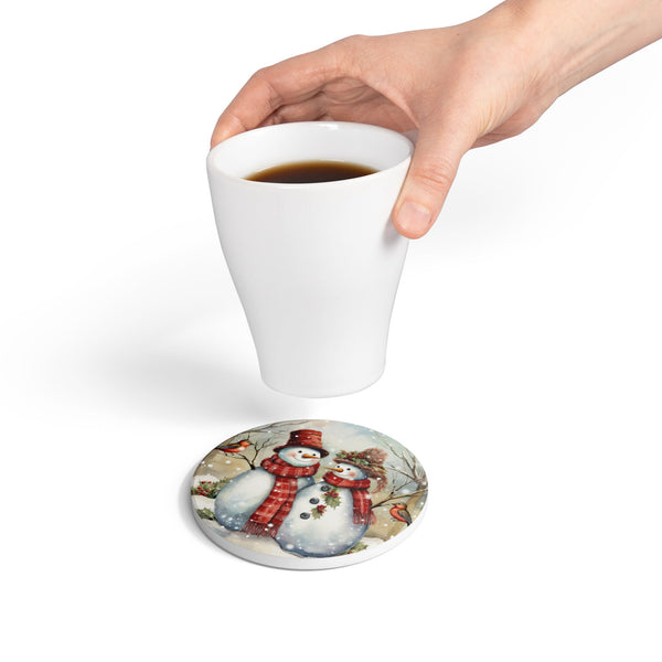 Winter Snowman Ceramic Coaster Set | Holiday Decor, Gift Idea, Home Accessories, Kitchen Essentials, Festive Tableware