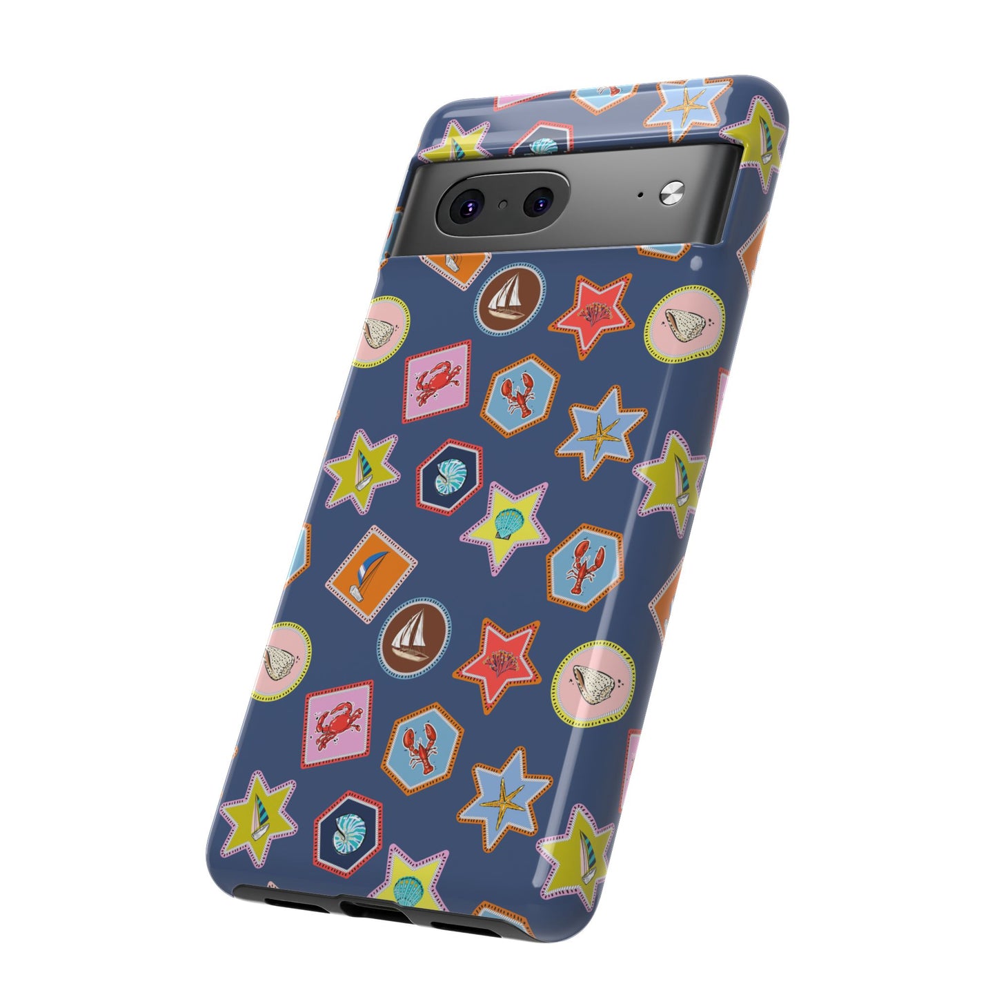 Lobsters Sailboats and Seashells on Navy Blue Phone Case