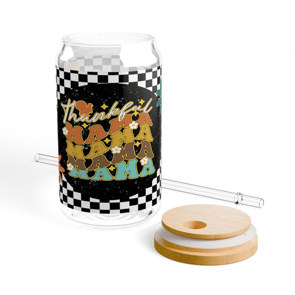 Thankful Mama 16oz Glass, Mama Can Glass, Christmas Gift, Thanksgiving, Glass Jar with Lid and Straw, 16oz Glass Cup, Libbey Cup