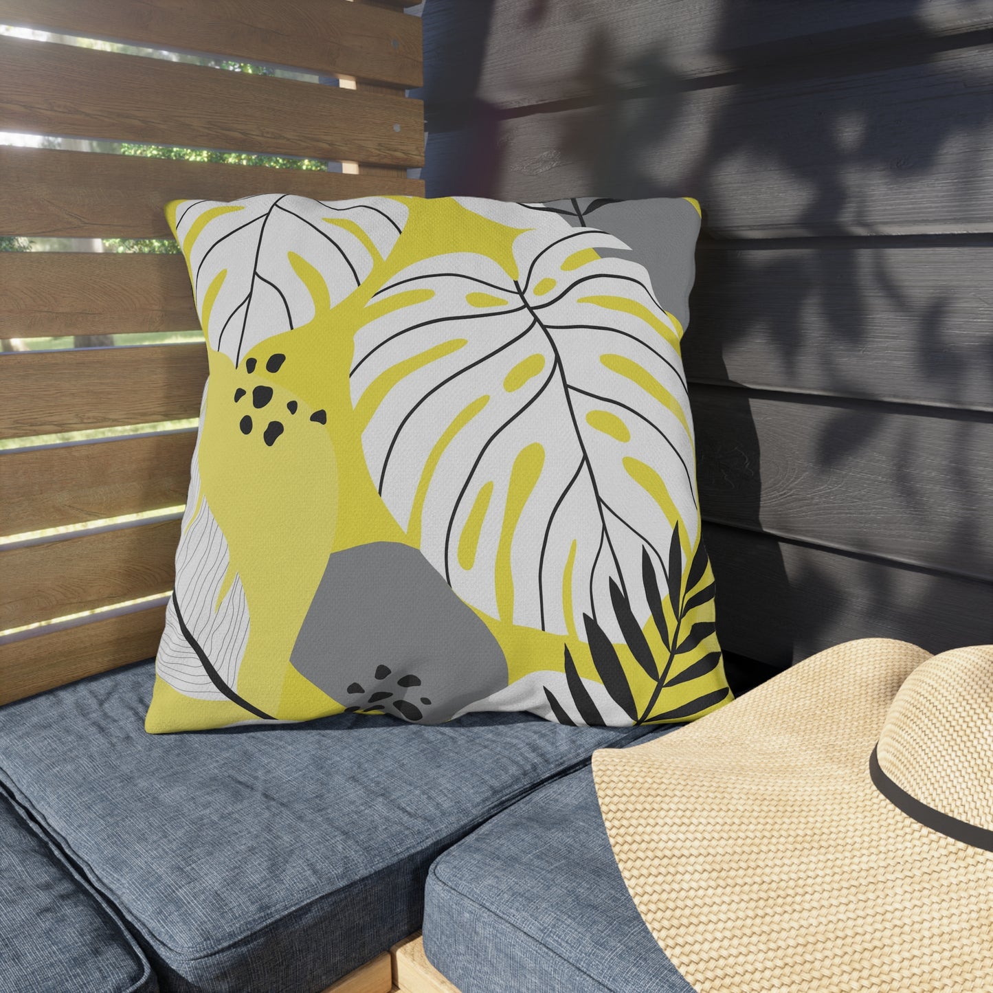 Yellow and White Palm Leaf Flora - Outdoor Throw Pillow
