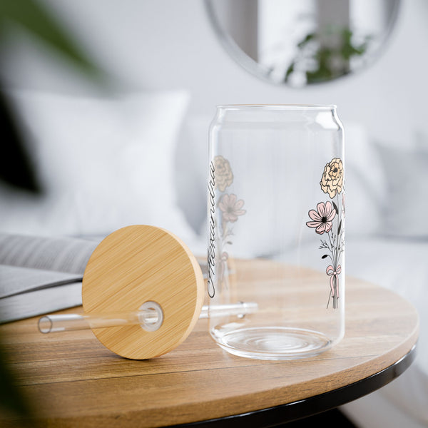 Personalized September Flower 16oz Can Glass - Stylish Sipper with Bamboo Lid and Straw